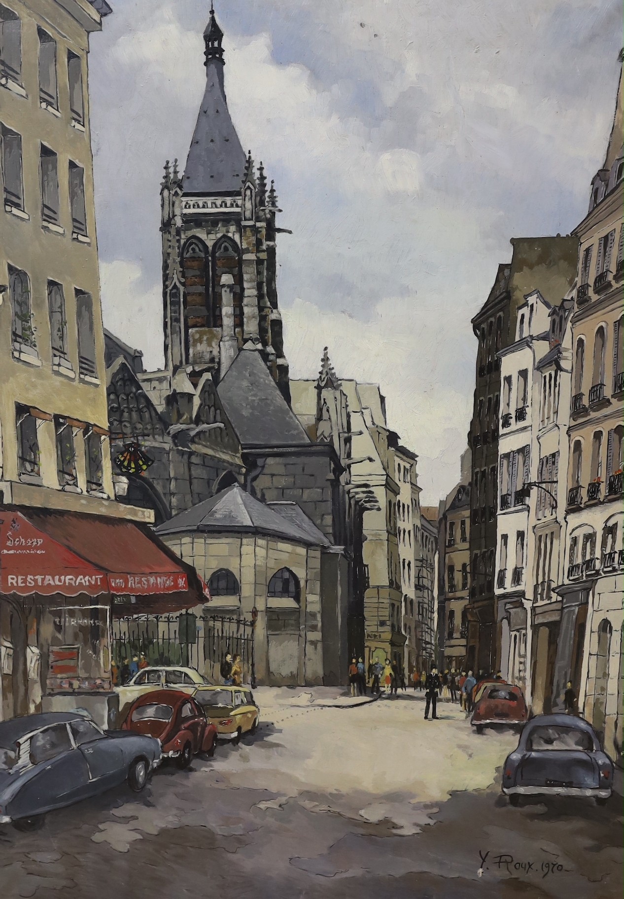 Y. Roux, oil on canvas, French street scene, signed and dated 1970, 92 x 65cm, unframed